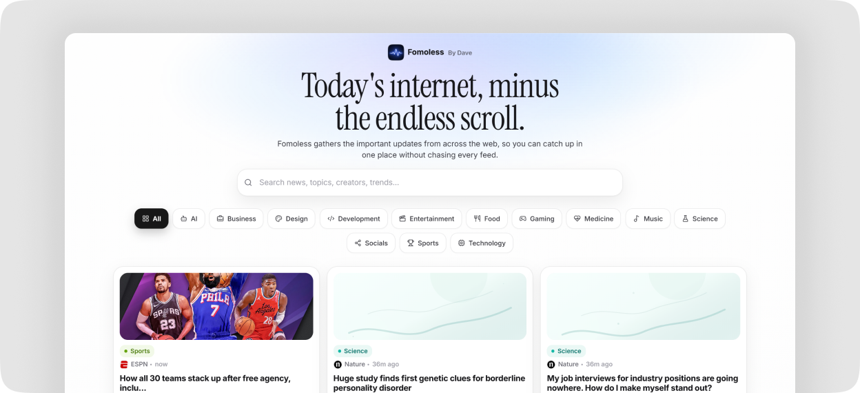 Fomoless news homepage with topic filters and curated story cards