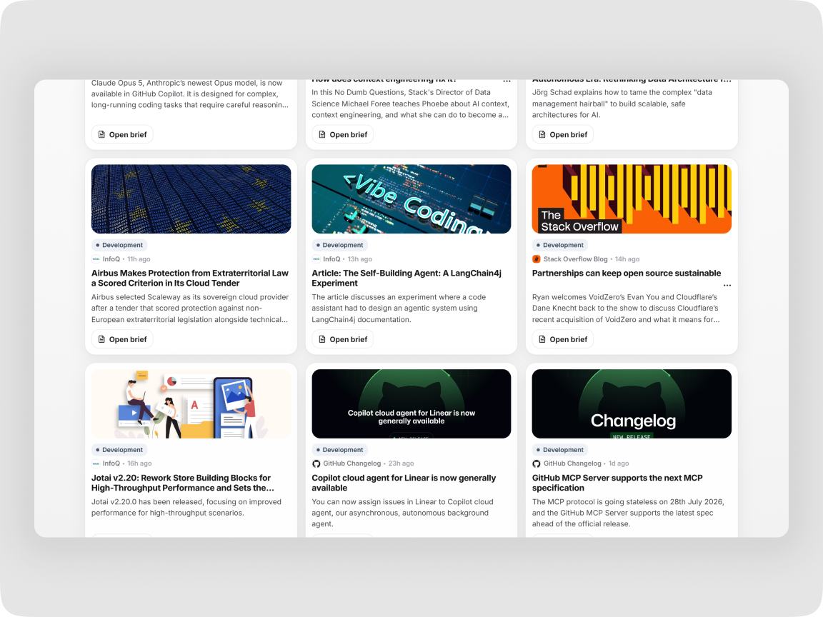Fomoless desktop news feed with curated technology story cards