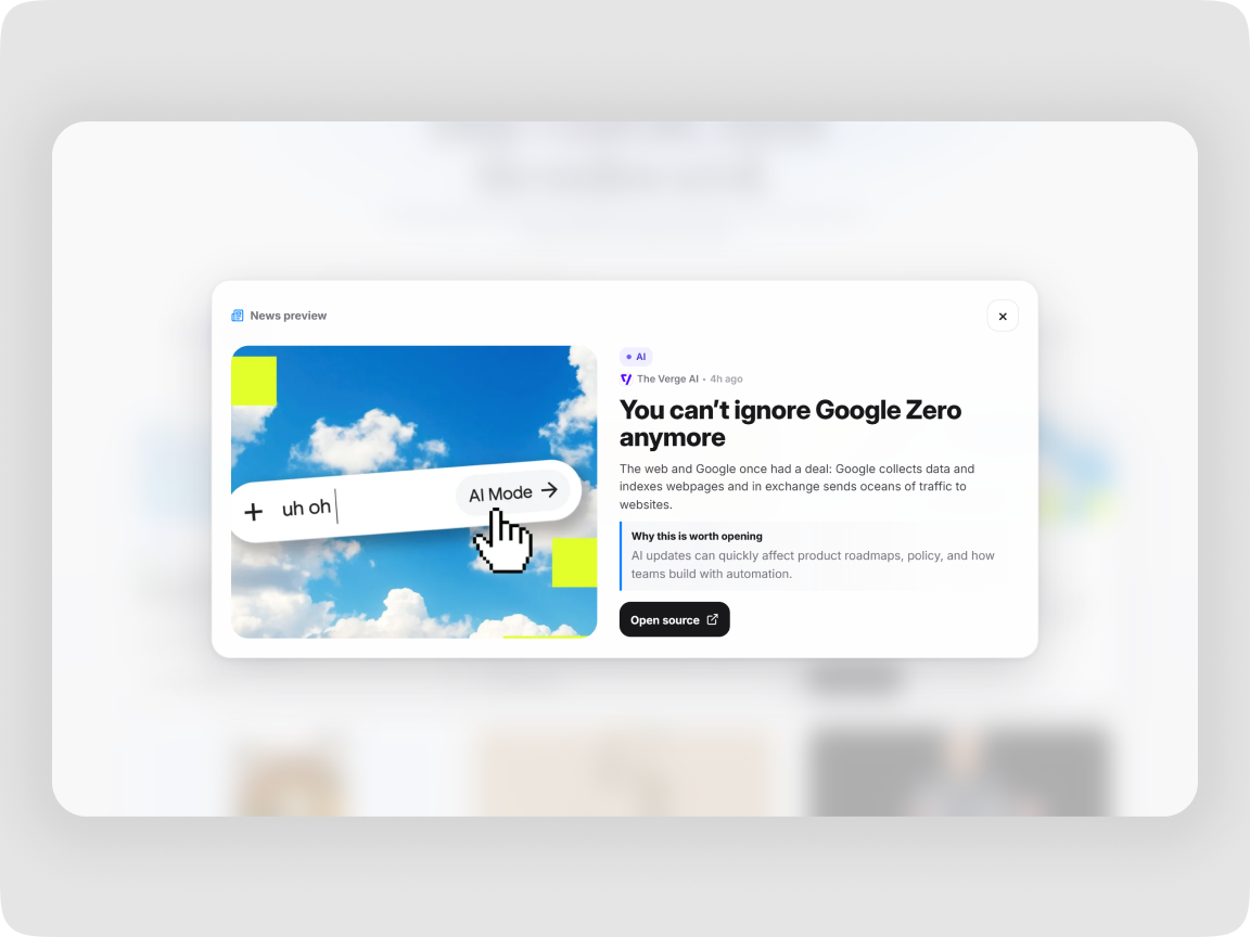 Fomoless article preview with a concise AI-generated story summary