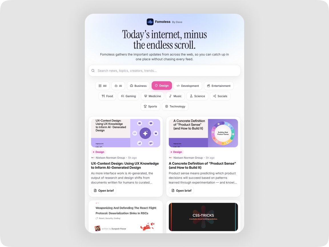 Fomoless tablet layout showing categories and a compact grid of stories
