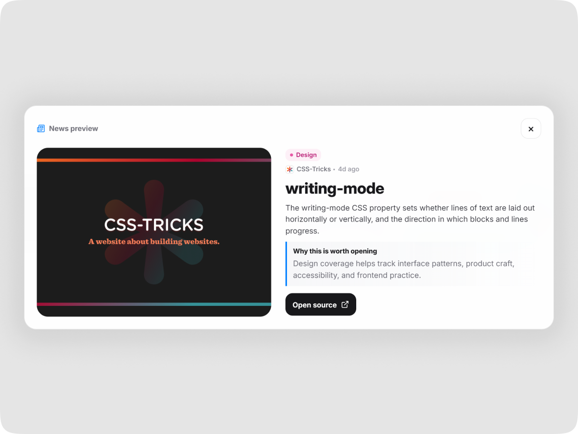 Fomoless article preview modal over a softly blurred news feed