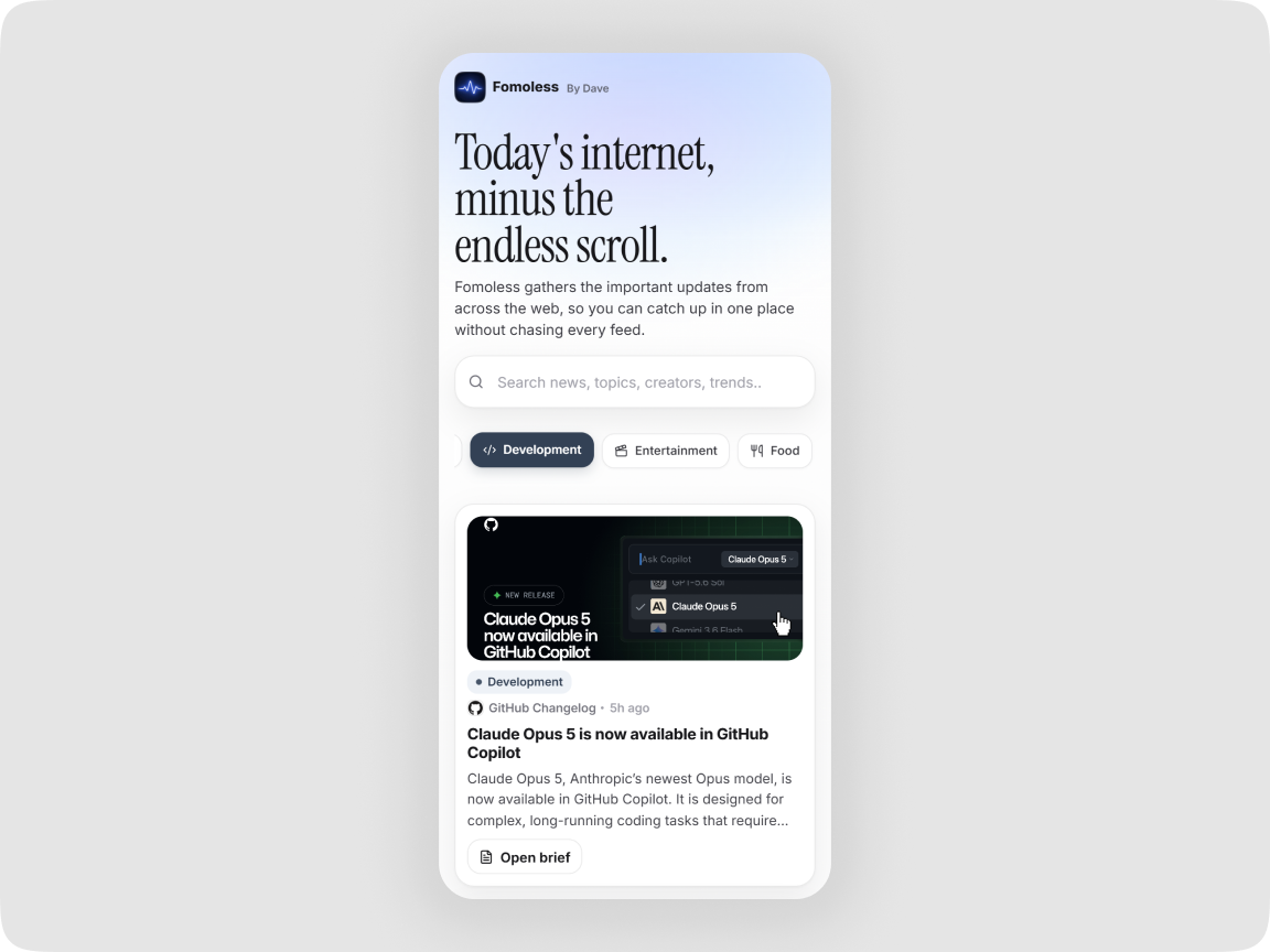 Mobile Fomoless news experience with categories and story cards