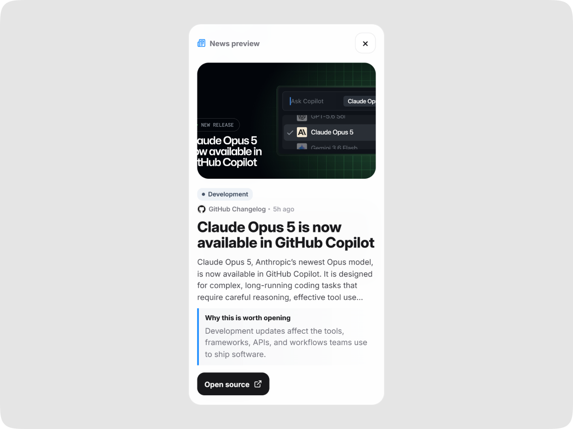 Mobile Fomoless article preview with an AI summary and original-source action