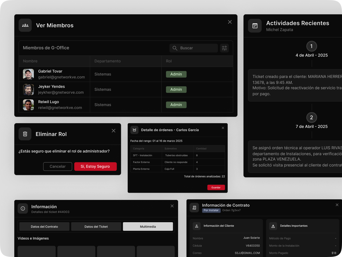 Dark G-Network interface components including member lists, dialogs, activity, and contract panels