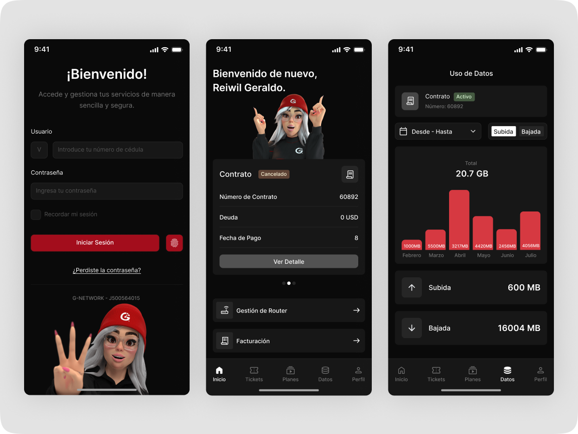 Three dark G-Network mobile application screens for sign in, account details, and data usage