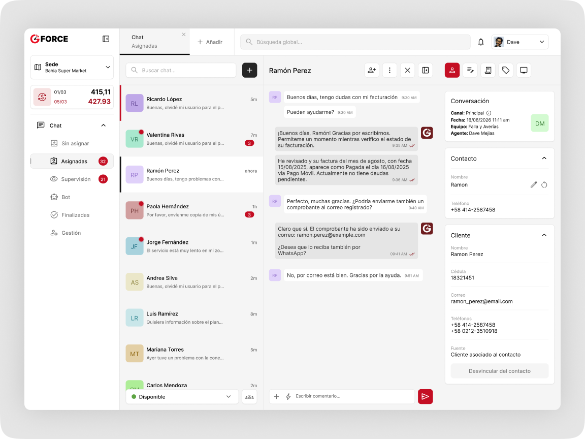 G-Office Chat interface with conversation list, active messages, and customer context panels