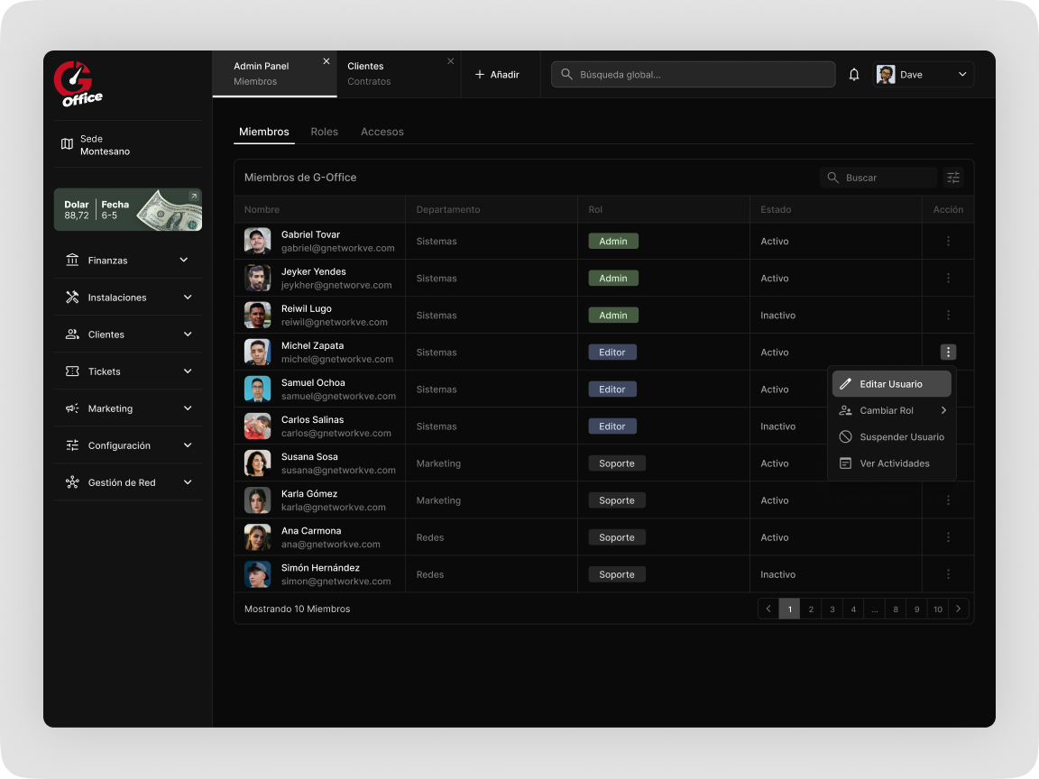 Dark G-Office admin panel showing members, roles, statuses, and a user action menu