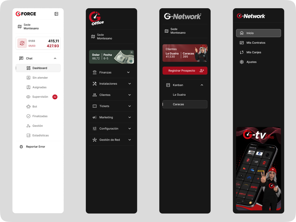 Four G-Network sidebar variations for desktop and mobile products