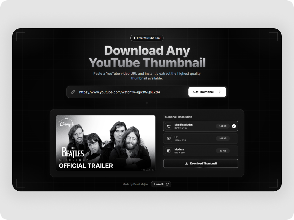 Thumbnail Grabber desktop flow with a YouTube link field and generated thumbnail