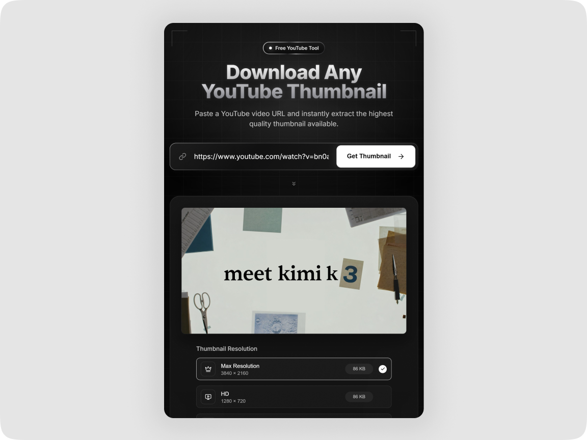 Tablet Thumbnail Grabber flow with a generated YouTube thumbnail