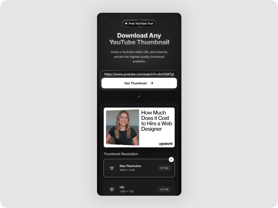 Mobile Thumbnail Grabber flow with a YouTube link and thumbnail result