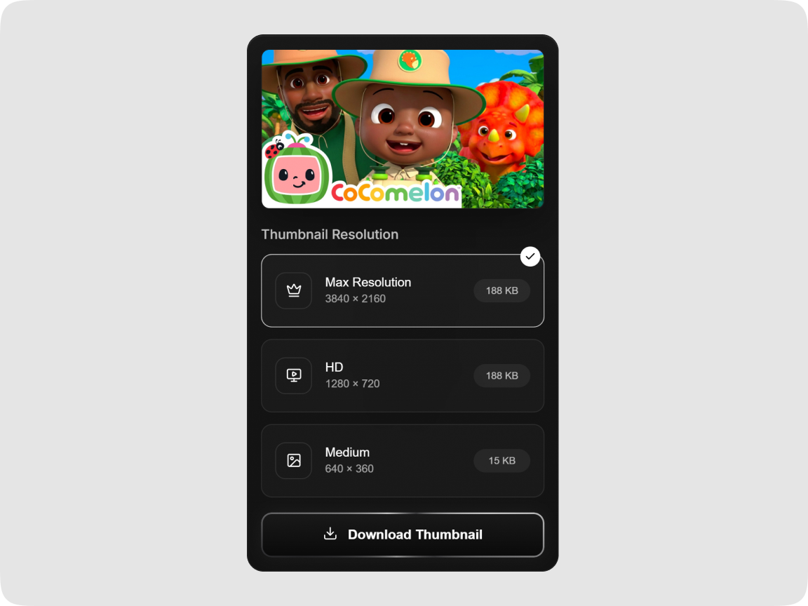 Mobile Thumbnail Grabber preview with three image resolution choices